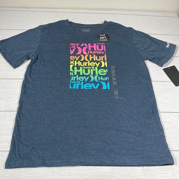 Hurley T-Shirt Heathered Blue with Neon Rainbow Colored Lettering Size Large NWT - Picture 1 of 8